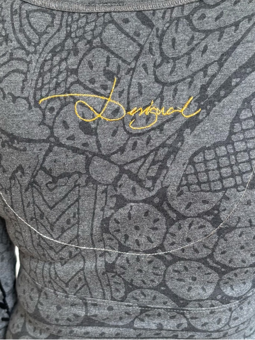 Gray Long-Sleeve V-Neck Dress with Pink Floral Embroidery - Picture 4 of 4